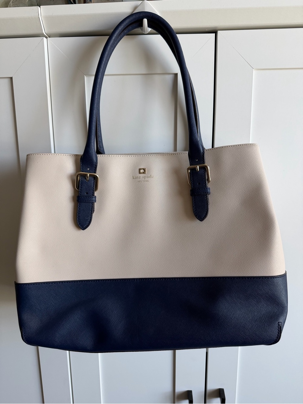Kate Spade Two-Tone Cream and Navy Leather Tote